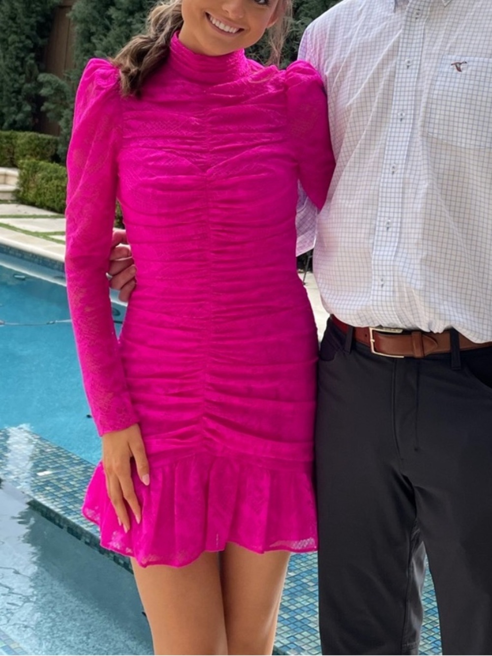 Saylor Marcey Fuchsia Pink Lace Ruffle Mock Neck Ruched Mini Dress Size Large - Picture 10 of 15